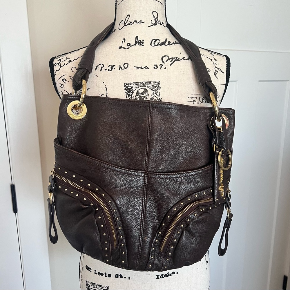 B. Makowsky Brown Leather Bag with Gold Hardware and Many Pockets